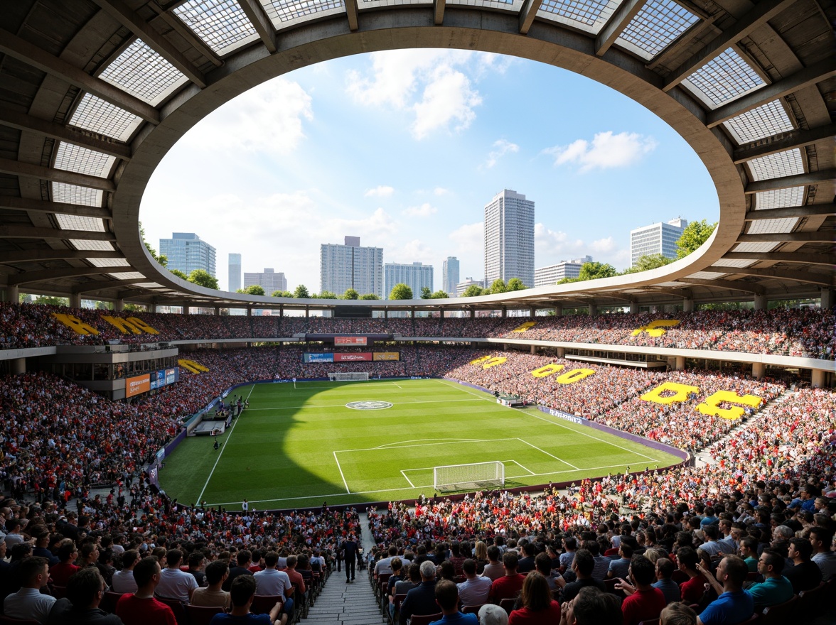 Prompt: Large soccer stadium, open-air design, natural ventilation systems, wind-driven airflow, clerestory windows, high ceilings, exposed ductwork, steel beams, cantilevered roofs, green roofs, living walls, vertical gardens, urban surroundings, crowded seating areas, vibrant team colors, sunny day, soft warm lighting, shallow depth of field, 3/4 composition, panoramic view, realistic textures, ambient occlusion.