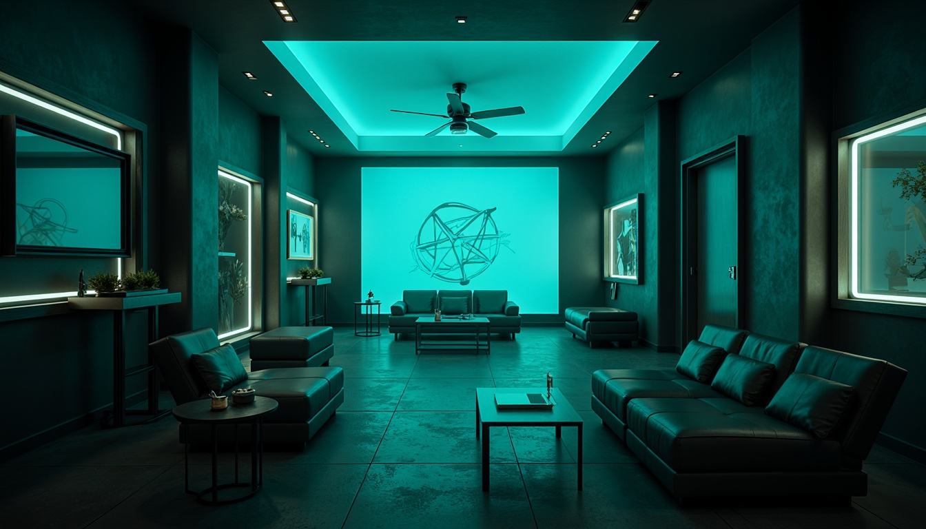 Prompt: Moody dark cyan walls, mysterious ambiance, futuristic neon lights, metallic accents, high-tech gadgets, sleek modern furniture, minimalist decor, abstract digital art, atmospheric mist, dramatic shadows, cinematic lighting, 1/1 composition, shallow depth of field, realistic reflections, ambient occlusion.