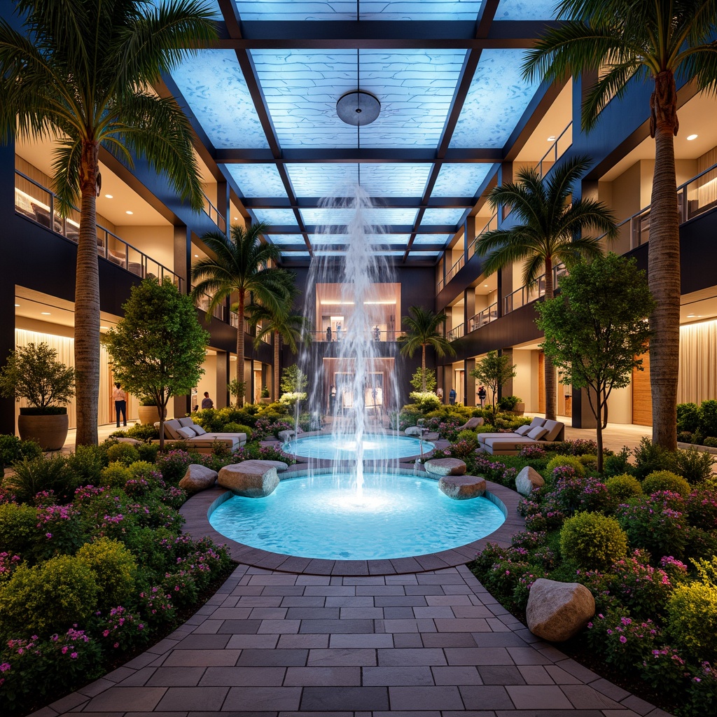 Prompt: Luxurious casino entrance, grand water features, lush tropical plants, exotic flowers, natural stone pathways, curved lines, organic shapes, futuristic architecture, LED lighting, vibrant color scheme, dynamic fountain shows, misting systems, warm ambiance, shallow depth of field, 1/1 composition, realistic textures, ambient occlusion.