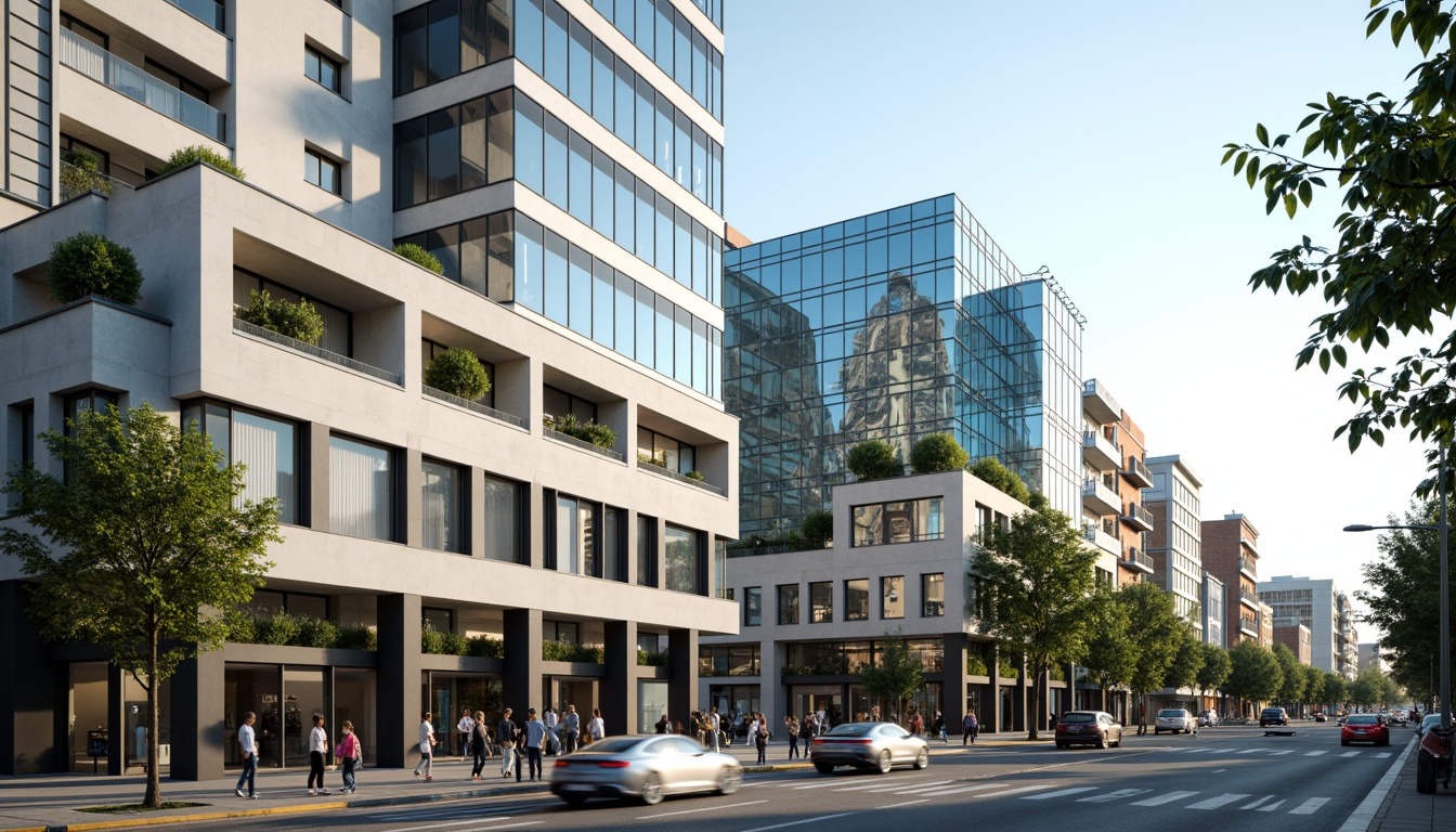 Prompt: Modern building exterior, sleek glass facades, neutral tones, creamy whites, soft grays, industrial blues, vibrant accent colors, urban cityscape, busy streets, morning sunlight, shallow depth of field, 3/4 composition, realistic textures, ambient occlusion.