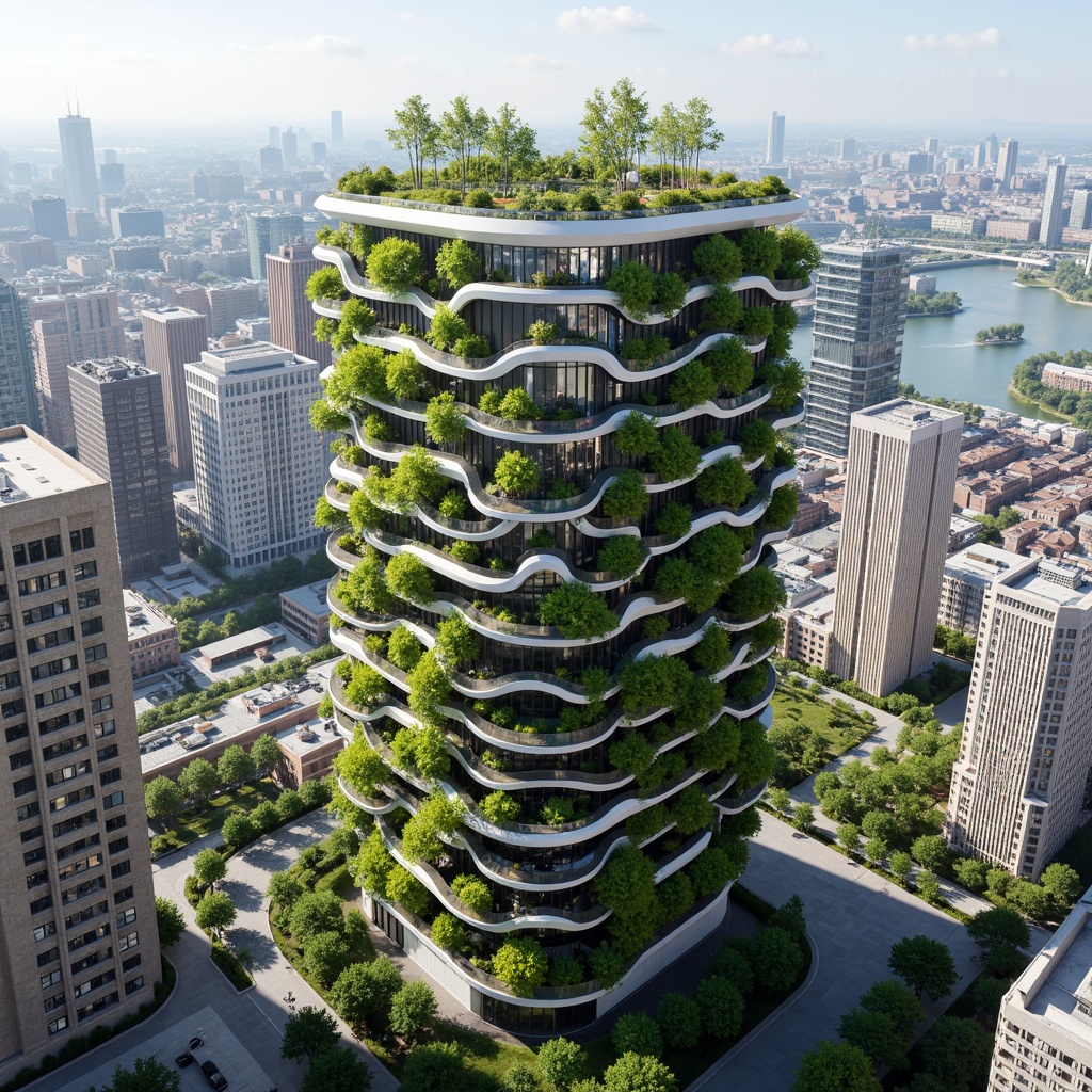 Prompt: Eco-friendly skyscraper, green roofs, solar panels, wind turbines, rainwater harvesting systems, living walls, vertical gardens, recycled materials, low-carbon footprint, minimalist design, natural ventilation, large windows, clerestory windows, skylights, abundant natural light, bright airy spaces, bamboo flooring, reclaimed wood accents, energy-efficient systems, smart building technologies, futuristic architecture, curved lines, sleek metallic surfaces, panoramic city views, bustling urban landscape, vibrant cultural diversity.