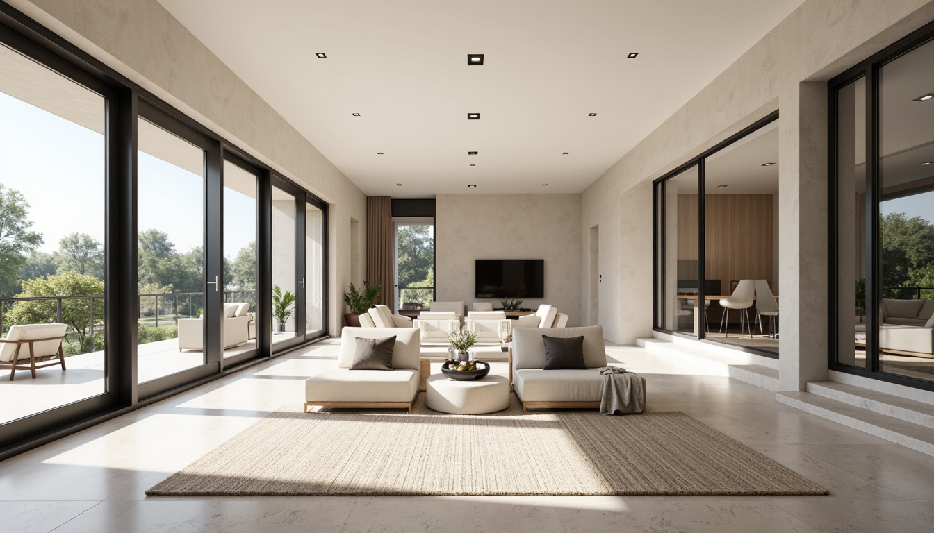 Prompt: Monochromatic modern homes, sleek lines, minimalist aesthetic, neutral color palette, soft whites, creamy beiges, warm grays, taupe accents, matte black trim, polished chrome fixtures, large windows, sliding glass doors, open floor plans, high ceilings, natural textiles, woven fibers, subtle patterns, ambient lighting, soft shadows, 1/1 composition, realistic renderings, detailed materials.