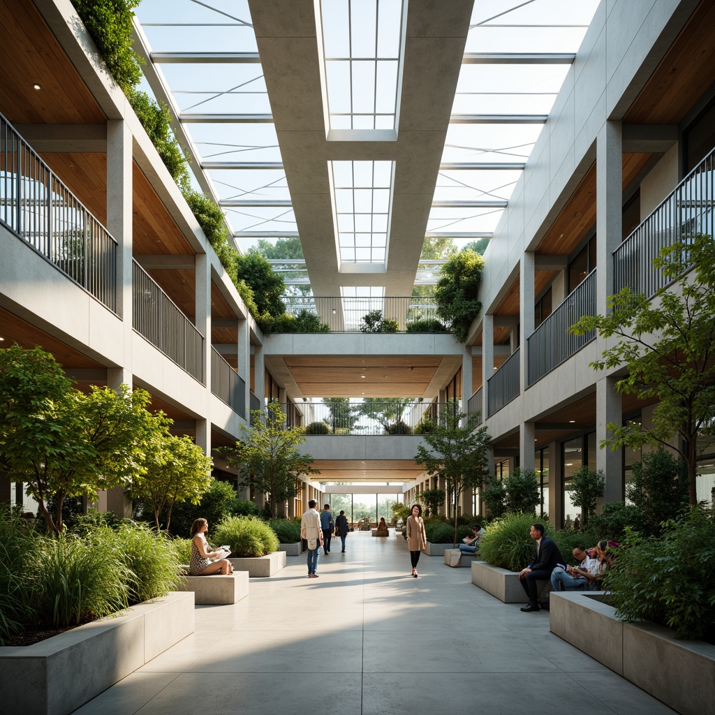 Prompt: Modern academic building, abundant natural light, floor-to-ceiling windows, clerestory windows, skylights, open atriums, minimalist interior design, polished concrete floors, sleek metal railings, warm wood accents, vibrant green walls, living walls, lush indoor plants, soft diffused lighting, warm afternoon sunlight, shallow depth of field, 1/1 composition, panoramic view, realistic textures, ambient occlusion.