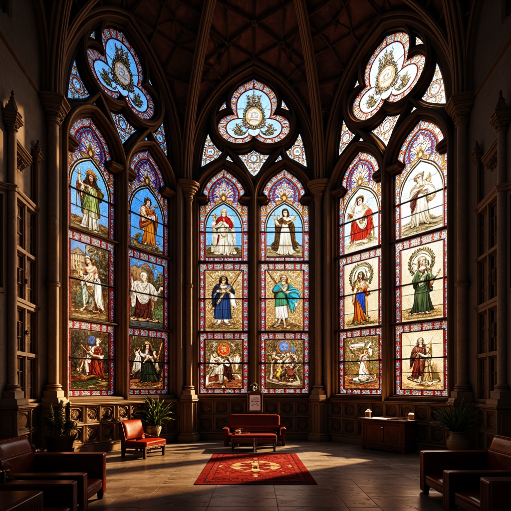 Prompt: Vibrant stained glass windows, ornate Gothic architecture, intricate medieval designs, kaleidoscope color patterns, luminous light refractions, sacred religious themes, majestic cathedral ceilings, rich cultural heritage, dramatic visual effects, warm golden lighting, 3/4 composition, shallow depth of field, realistic textures, ambient occlusion.