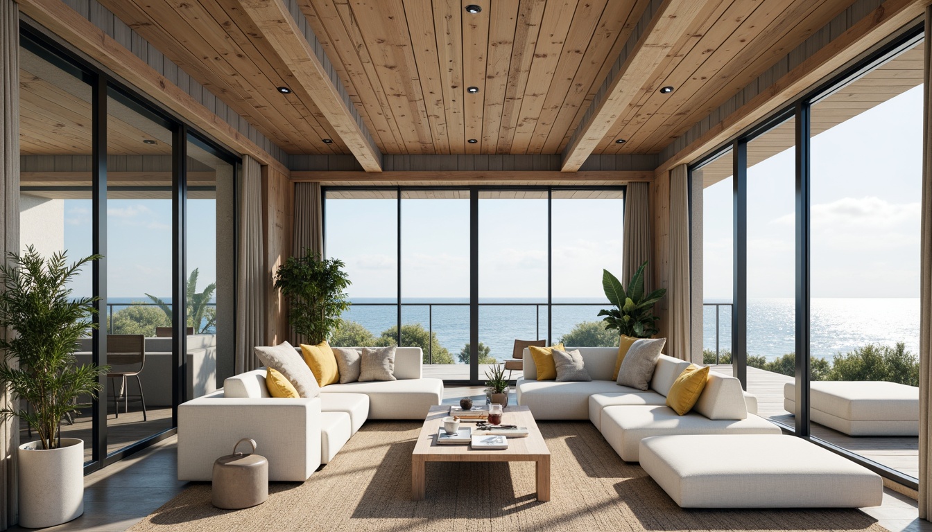 Prompt: Weathered wood accents, driftwood gray, sea salt whites, coral pinks, ocean blues, sandy neutrals, nautical navy, sunny yellows, beachy turquoises, distressed finishes, rustic textures, natural stone foundations, curved lines, modern minimalism, large glass windows, sliding doors, outdoor living spaces, cozy nooks, ocean views, seaside breezes, warm sunny days, soft gentle lighting, 1/1 composition, symmetrical balance, realistic renderings, subtle atmospheric effects.