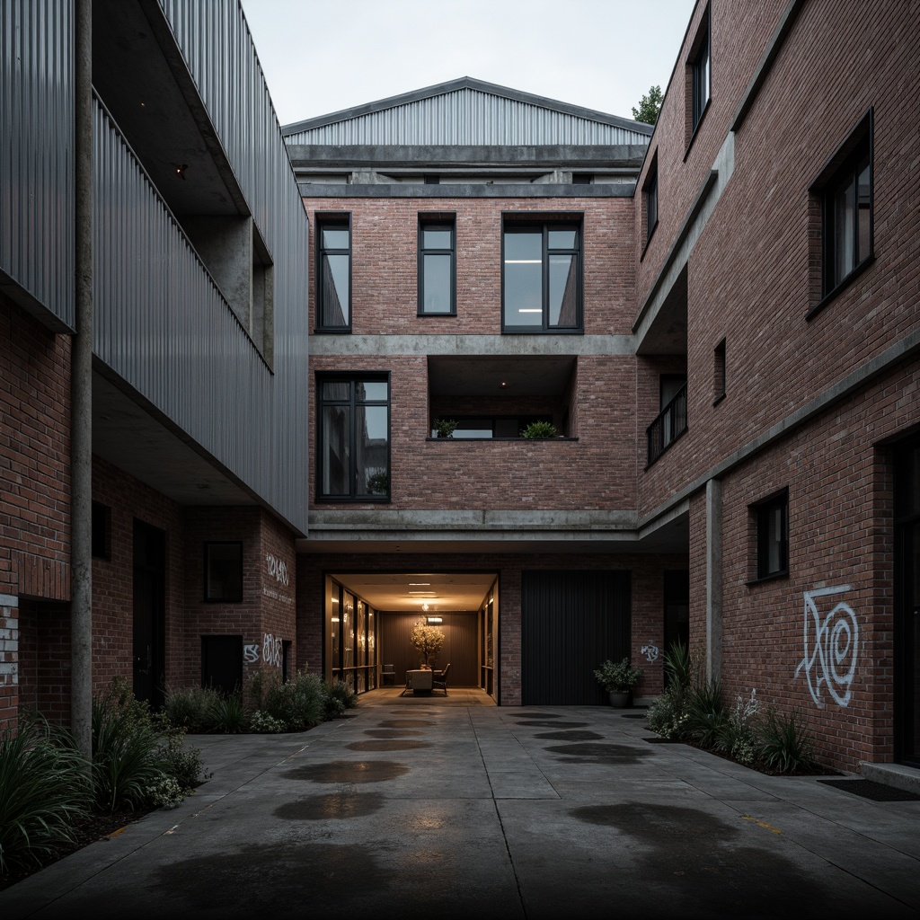 Prompt: Rustic warehouse facade, exposed brick walls, distressed metal cladding, industrial windows, corrugated steel roofing, reclaimed wood accents, deconstructed architectural elements, abstract geometric forms, brutalist concrete structures, urban graffiti, atmospheric misty lighting, high-contrast shading, dramatic angular compositions, cinematic wide-angle lens, gritty realistic textures, subtle ambient occlusion.