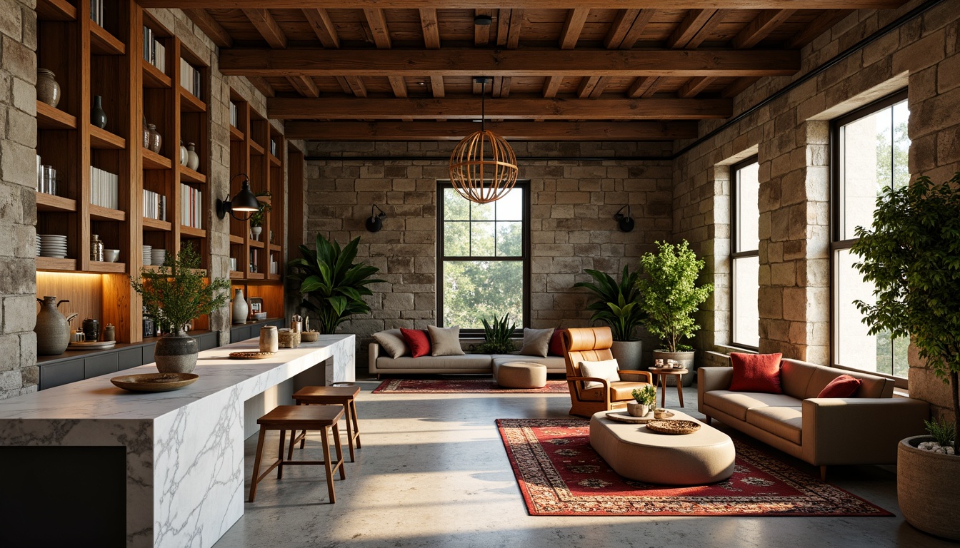 Prompt: Rustic wooden accents, smooth marble countertops, rough stone walls, velvety greenery, metallic sheen, glossy paint finishes, matte concrete floors, vibrant colorful textiles, intricate geometric patterns, natural fiber rugs, distressed leather furniture, ambient soft lighting, warm golden tones, shallow depth of field, 3/4 composition, realistic textures, atmospheric perspective.