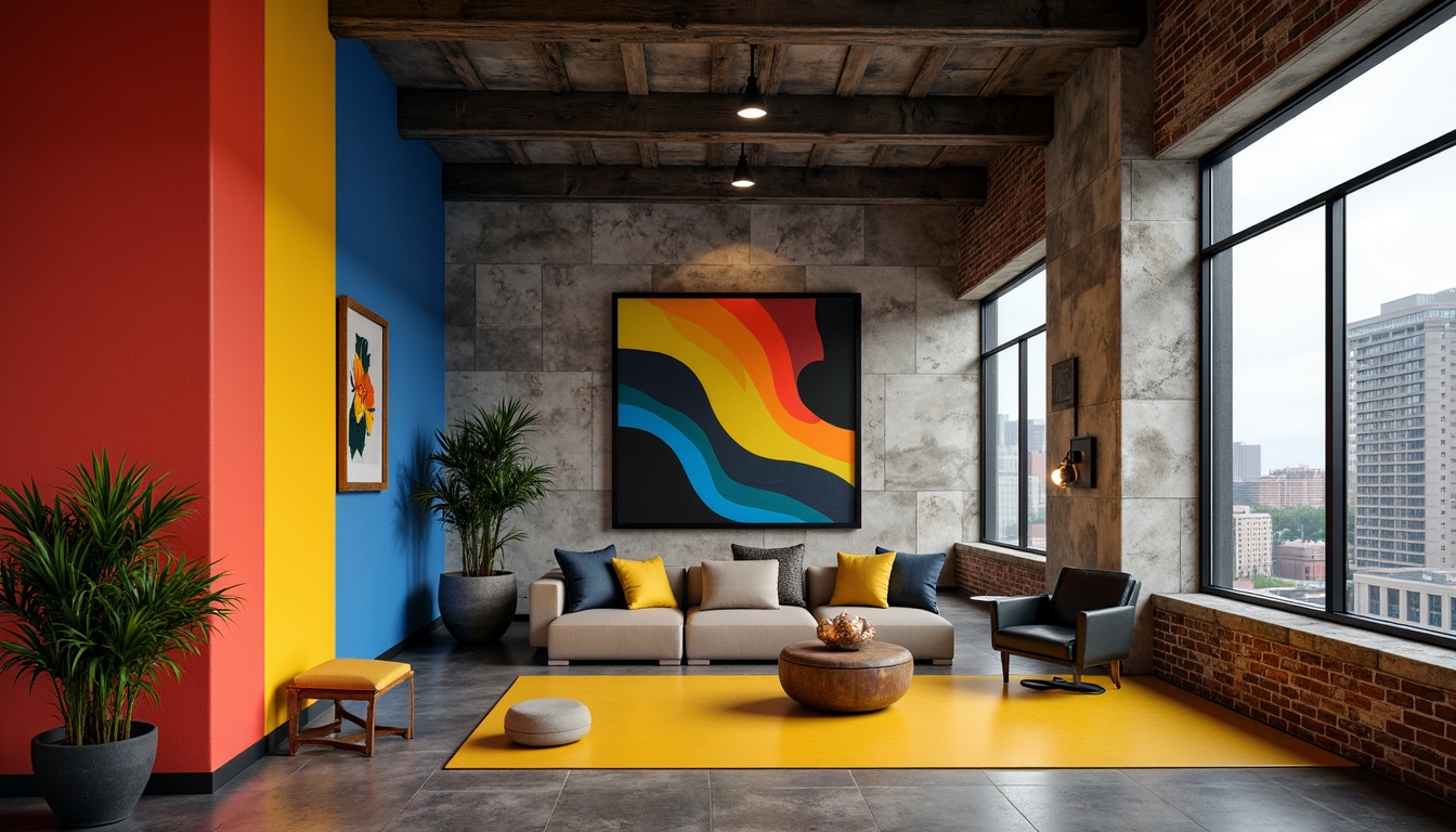 Prompt: Vibrant primary colors, bold geometric shapes, industrial materials, exposed brick walls, steel beams, minimalist decor, functional simplicity, rectangular forms, clean lines, monochromatic color schemes, rich textures, urban cityscape, cloudy sky, dramatic shadows, high contrast lighting, 1/1 composition, symmetrical framing, abstract patterns, distressed finishes, avant-garde aesthetic.