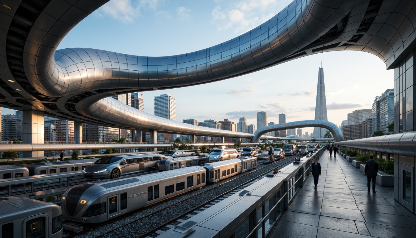 Prompt: Sleek transportation hubs, curved streamline architecture, modern metallic materials, polished chrome accents, futuristic LED lighting, dynamic fluid shapes, aerodynamic lines, high-speed rail networks, bustling urban centers, morning rush hour atmosphere, soft natural light, shallow depth of field, 1/2 composition, panoramic view, realistic reflections, ambient occlusion.