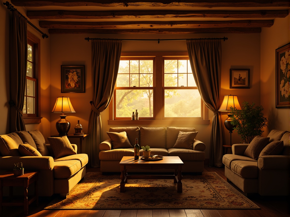 Prompt: Cozy living room, warm golden lighting, softbox lights, comfortable couches, rustic wooden tables, vintage decorative lamps, rich velvet curtains, dramatic floor-to-ceiling drapes, atmospheric fog effects, warm color temperature, high-contrast ratios, cinematic ambiance, 1/1 composition, shallow depth of field, realistic textures, ambient occlusion.