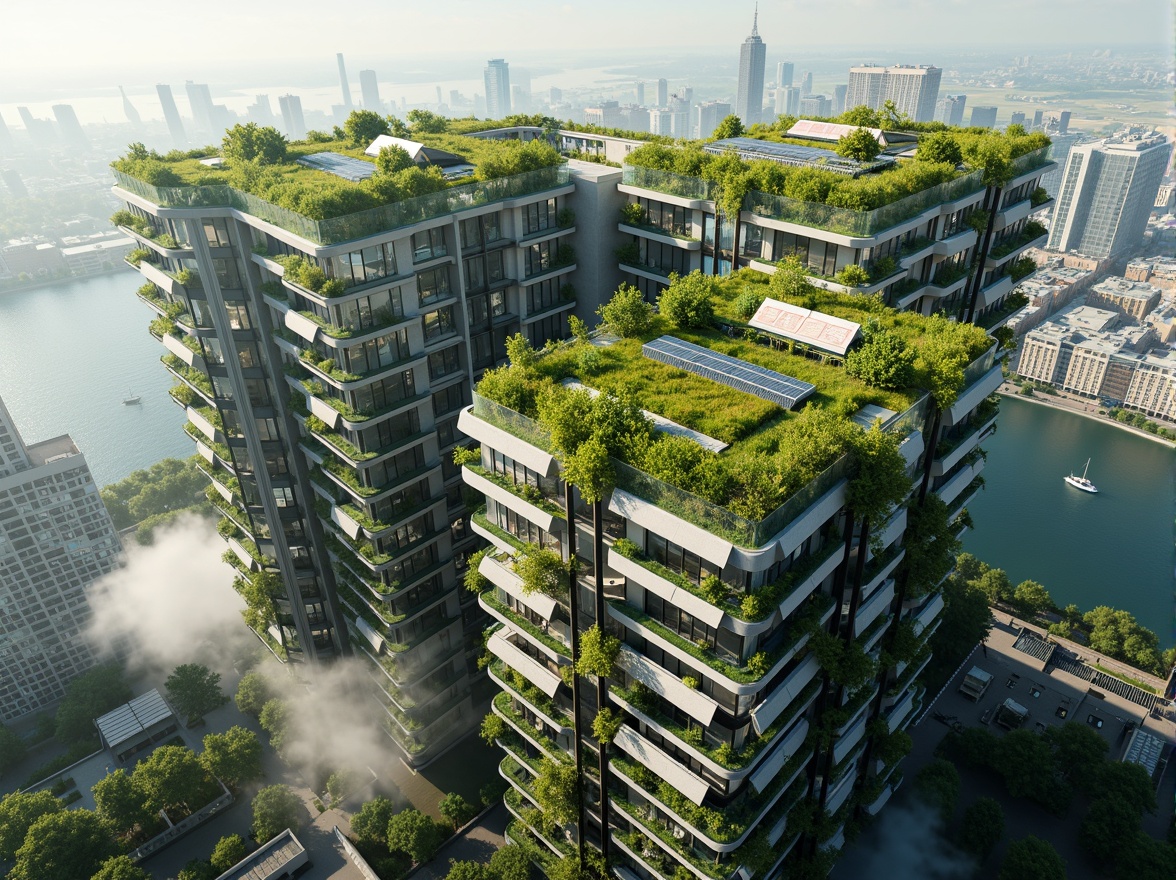 Prompt: Eco-friendly futuristic skyscraper, lush green roofs, solar panels, wind turbines, water conservation systems, modern sustainable materials, minimalist design, angular lines, reflective glass surfaces, sleek metal structures, urban farm, vertical garden, living walls, natural ventilation, abundant daylight, soft warm lighting, 3/4 composition, panoramic view, realistic textures, ambient occlusion.