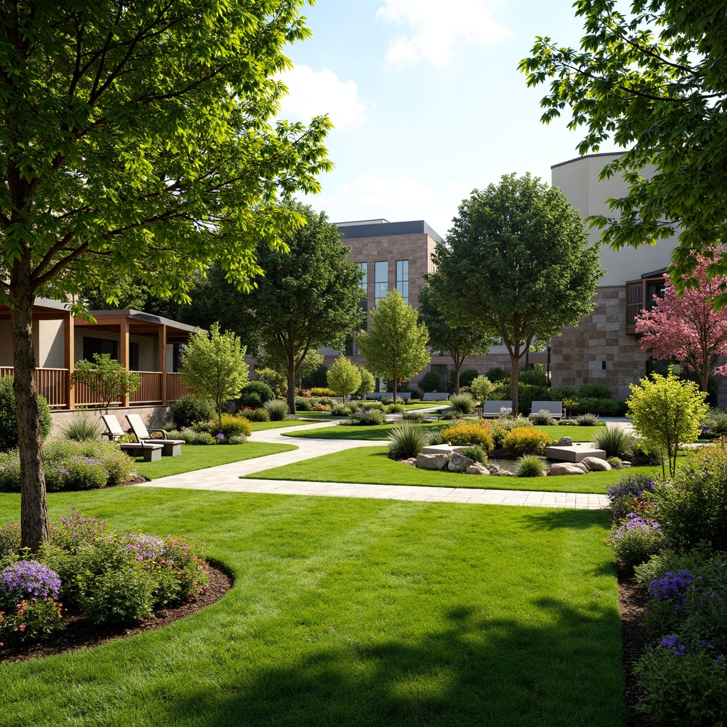 Prompt: Lush green lawn, vibrant flowerbeds, ornamental trees, meandering pathways, rustic stone walls, wooden fences, serene water features, tranquil ponds, colorful garden benches, natural rock formations, blooming shrubs, sunny day, soft warm lighting, shallow depth of field, 3/4 composition, panoramic view, realistic textures, ambient occlusion.