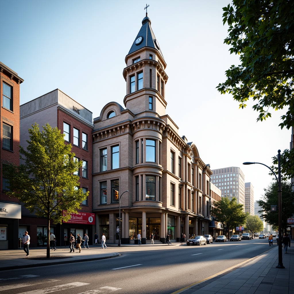 Prompt: Historic courthouse building, neoclassical fa\u00e7ade, ornate clock tower, grand entrance staircase, rusticated stone walls, columned portico, urban cityscape, bustling streets, vibrant street art, morning sunlight, soft warm glow, shallow depth of field, 1/1 composition, realistic textures, ambient occlusion, pedestrian-friendly sidewalks, tree-lined avenues, civic monuments, public plaza, integrated transportation hub, modern infrastructure, sustainable design elements.