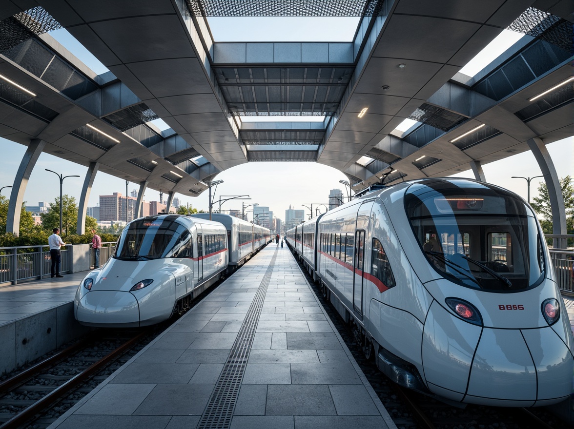 Prompt: Sleek transportation hubs, curved streamline architecture, modern metallic materials, polished chrome accents, futuristic LED lighting, dynamic fluid shapes, aerodynamic lines, high-speed rail networks, bustling urban centers, morning rush hour atmosphere, soft natural light, shallow depth of field, 1/2 composition, panoramic view, realistic reflections, ambient occlusion.