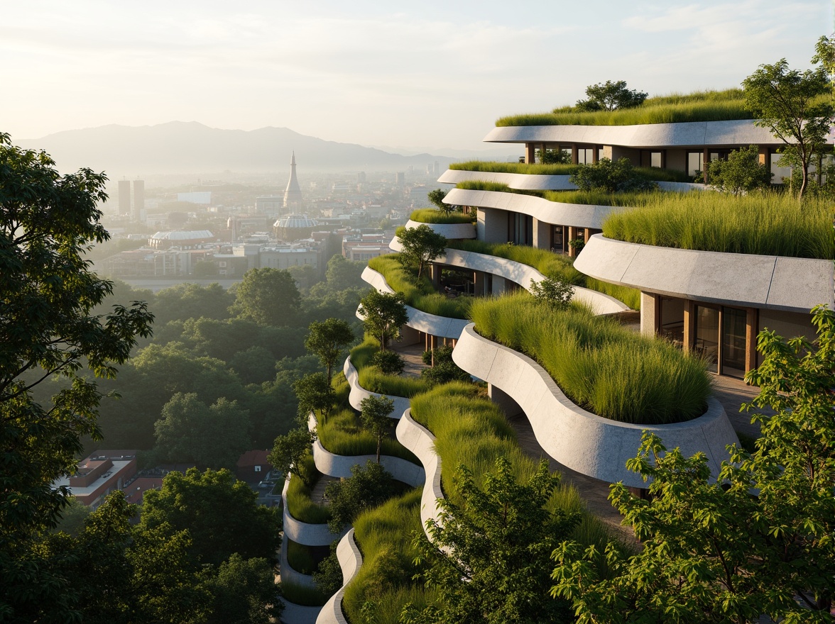 Prompt: Vibrant green roofs, lush vegetation, natural stone walls, curvaceous lines, organic shapes, futuristic metabolism-inspired architecture, large windows, glass fa\u00e7ades, cantilevered structures, brutalist concrete elements, industrial materials, urban landscapes, city skylines, misty mornings, soft warm lighting, shallow depth of field, 2/3 composition, panoramic view, realistic textures, ambient occlusion.Please let me know if this meets your requirements!