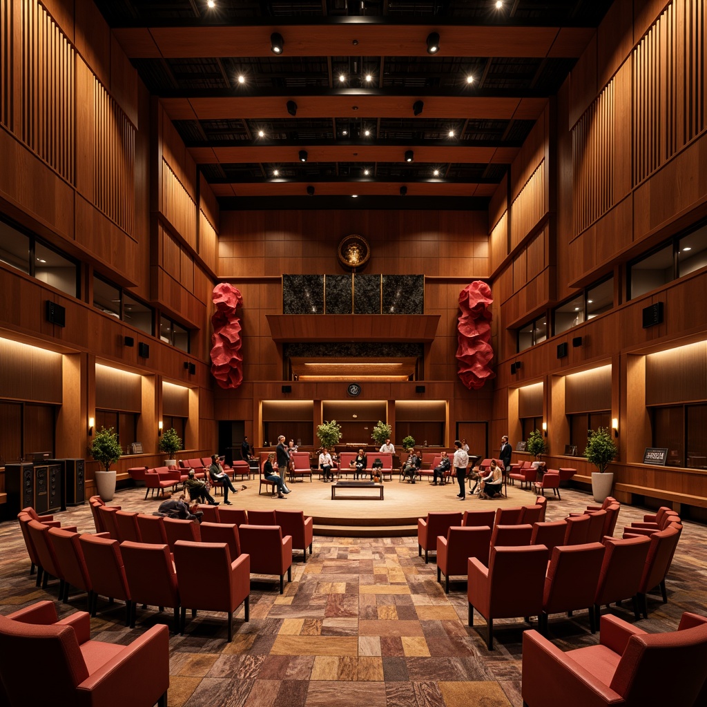 Prompt: Luxurious concert hall, rich wood paneling, velvety drapes, sound-absorbing materials, acoustic ceilings, minimal echo, optimal reverberation time, premium speaker systems, professional audio equipment, state-of-the-art soundproofing, comfortable seating areas, intimate performance spaces, warm ambient lighting, subtle color schemes, elegant architectural details, refined interior design, precise sound calibration, immersive audio experiences, realistic sound reflections.