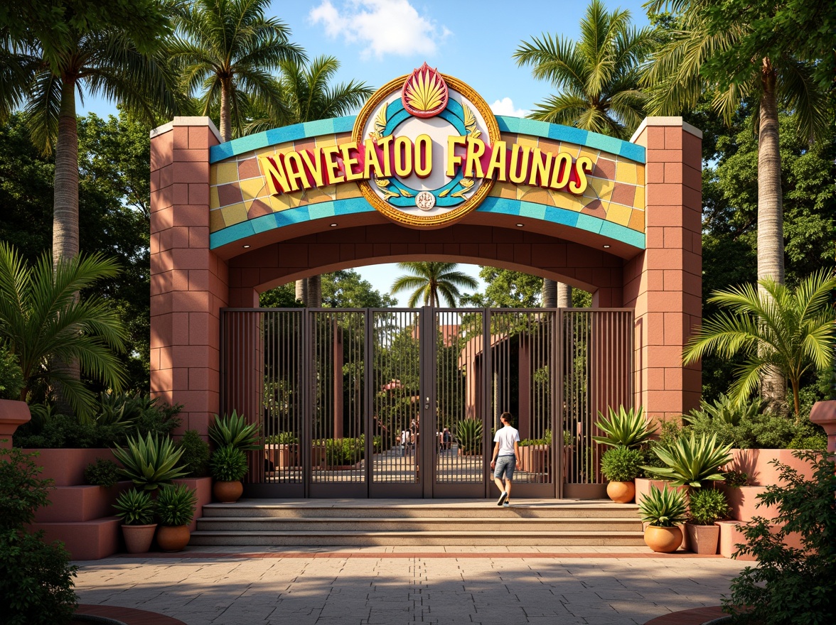 Prompt: Vibrant zoo entrance, ornate metal gates, Art Deco patterns, geometric shapes, bold typography, exotic animal sculptures, lush greenery, tropical plants, colorful tile work, curved lines, ornamental details, grand staircases, majestic archways, warm golden lighting, shallow depth of field, 1/1 composition, realistic textures, ambient occlusion.