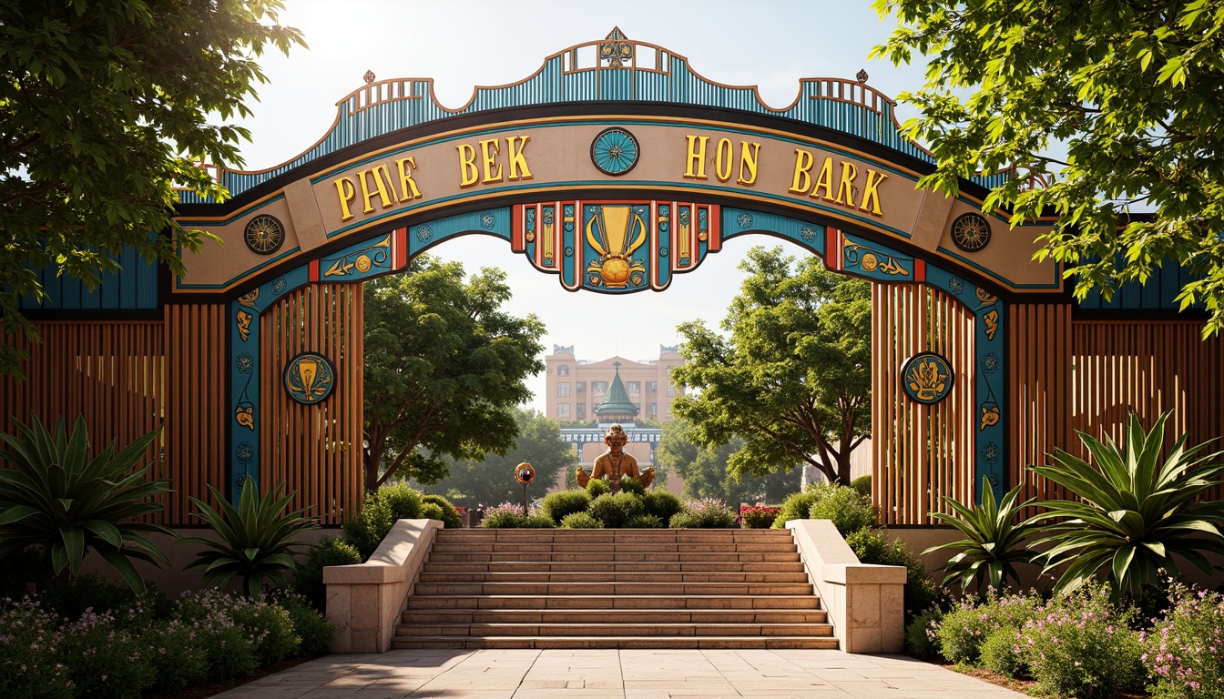 Prompt: Vibrant zoo entrance, ornate metal gates, Art Deco patterns, geometric shapes, bold typography, exotic animal sculptures, lush greenery, tropical plants, colorful tile work, curved lines, ornamental details, grand staircases, majestic archways, warm golden lighting, shallow depth of field, 1/1 composition, realistic textures, ambient occlusion.