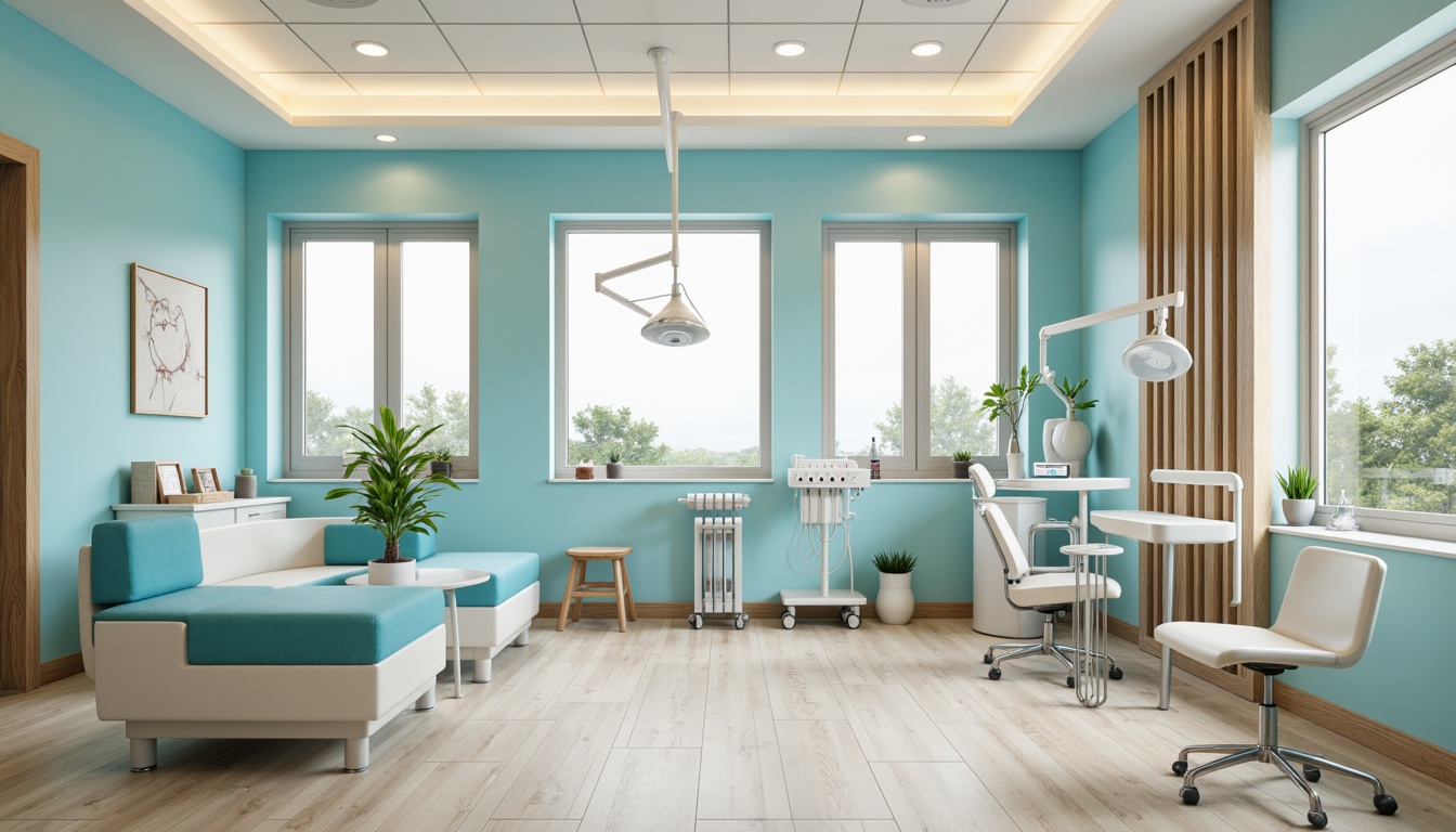 Prompt: Vibrant dental clinic, calming atmosphere, soothing color palette, gentle blue hues, creamy whites, warm beige tones, natural wood accents, modern minimalist furniture, sleek metal equipment, sterile glass surfaces, soft diffused lighting, subtle texture contrasts, 3/4 composition, shallow depth of field, realistic renderings, ambient occlusion.