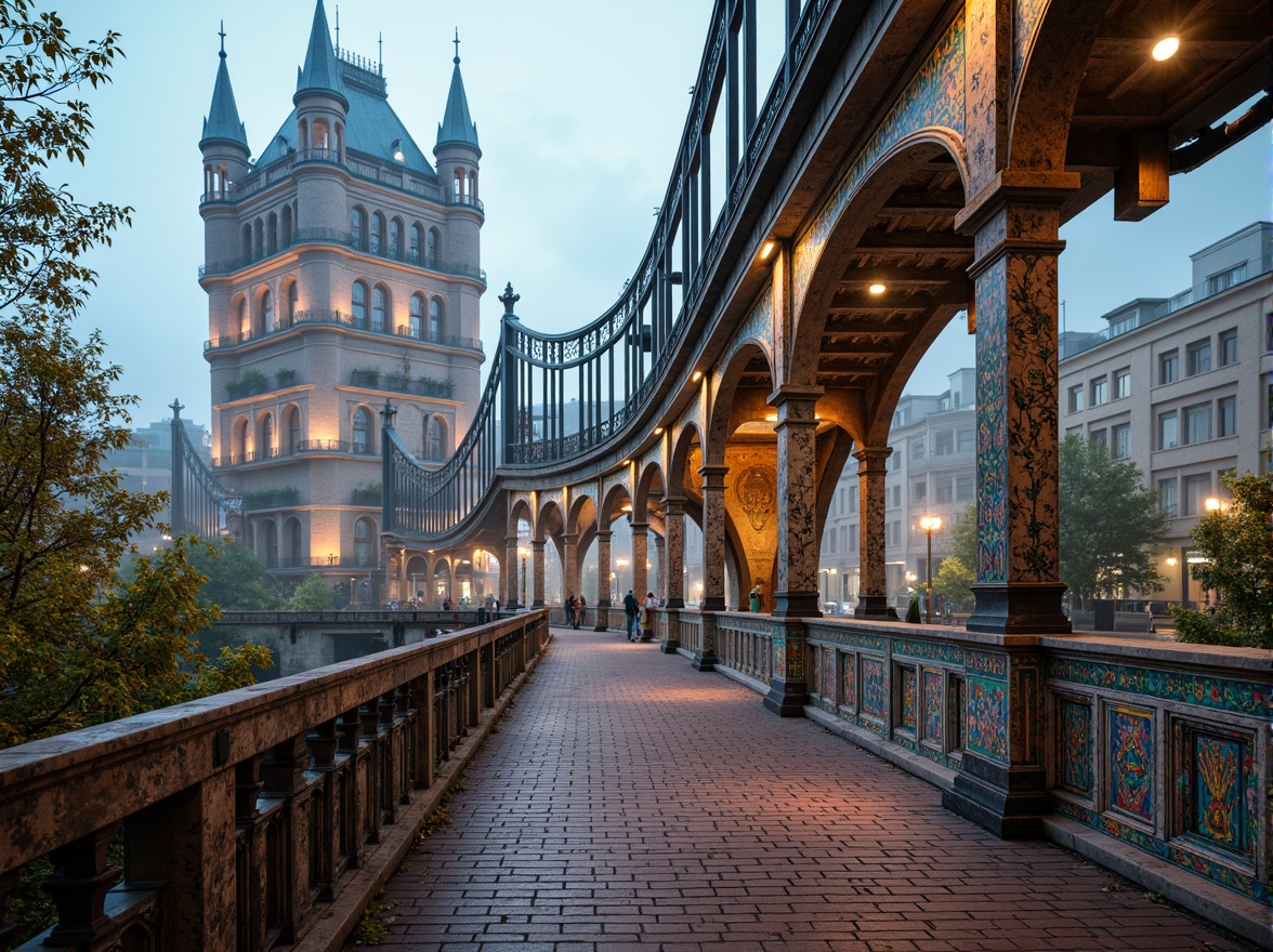 Prompt: Vibrant eclectic bridges, ornate ironwork, curved steel arches, suspension cables, Gothic-inspired towers, Romanesque columns, intricate stone carvings, vibrant colorful tiles, ornamental railings, asymmetrical composition, dynamic diagonal lines, rustic brick piers, industrial metal textures, soft warm lighting, misty atmospheric effects, 1/2 composition, low-angle shot, dramatic shadows, realistic materials, ambient occlusion.