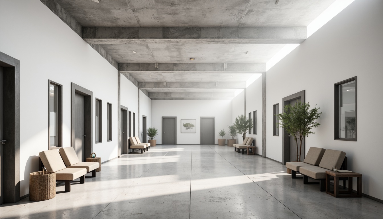 Prompt: Monochromatic student halls, sleek minimalist design, clean lines, sparse decor, industrial chic aesthetic, polished concrete floors, matte white walls, subtle grey accents, warm beige furniture, softbox lighting, atmospheric misty effects, shallow depth of field, 1/1 composition, realistic textures, ambient occlusion.