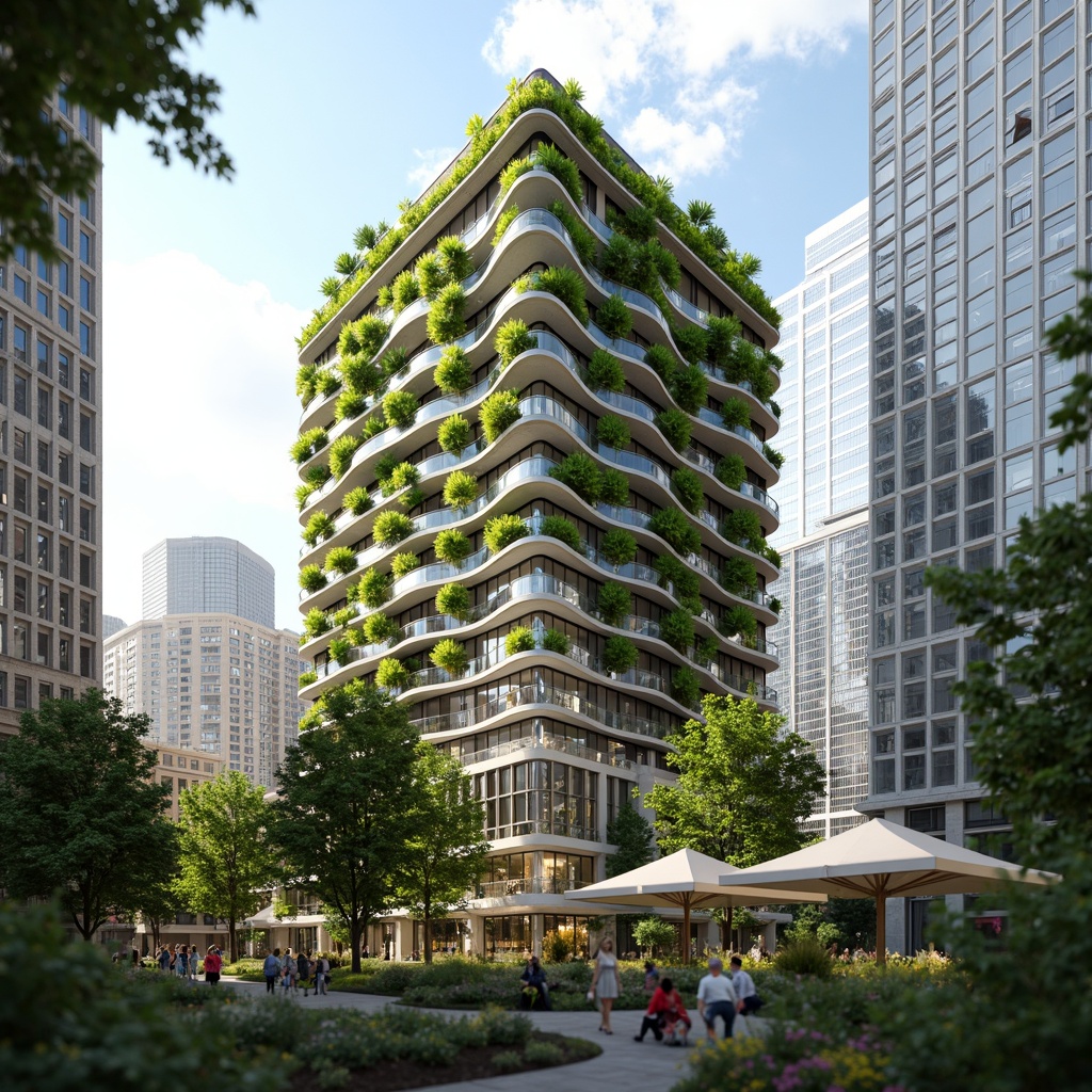 Prompt: Eco-friendly skyscraper, green roofs, solar panels, wind turbines, rainwater harvesting systems, recycled materials, minimalist design, natural ventilation, large windows, maximized daylight, living walls, urban farming, vertical gardens, bio-inspired facades, energy-efficient systems, water conservation, innovative cooling technologies, shaded outdoor spaces, misting systems, futuristic architecture, sleek metal buildings, reflective glass surfaces, angular lines, modern sustainable design, eco-city planning, vibrant greenery, blooming flowers, sunny day, soft warm lighting, shallow depth of field, 3/4 composition, panoramic view, realistic textures, ambient occlusion.