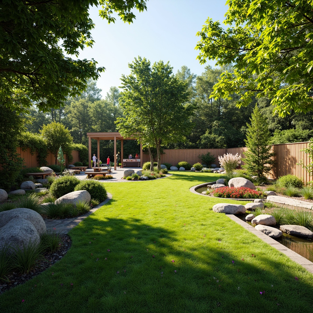 Prompt: Lush green lawn, vibrant flowerbeds, ornamental trees, meandering pathways, rustic stone walls, wooden fences, serene water features, tranquil ponds, colorful garden benches, natural rock formations, blooming shrubs, sunny day, soft warm lighting, shallow depth of field, 3/4 composition, panoramic view, realistic textures, ambient occlusion.