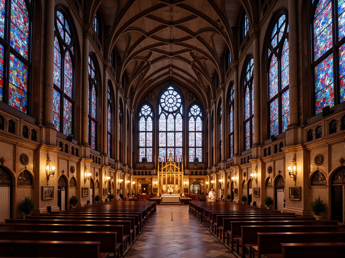 Prompt: Vibrant stained glass windows, kaleidoscope colors, ornate patterns, Gothic architecture, grand cathedrals, intricate stone carvings, mystical ambiance, soft warm lighting, rich textures, detailed facades, spiritual symbolism, medieval aesthetics, luminous ceilings, sacred spaces, heavenly atmosphere, 1/1 composition, dramatic shadows, realistic reflections, ambient occlusion.