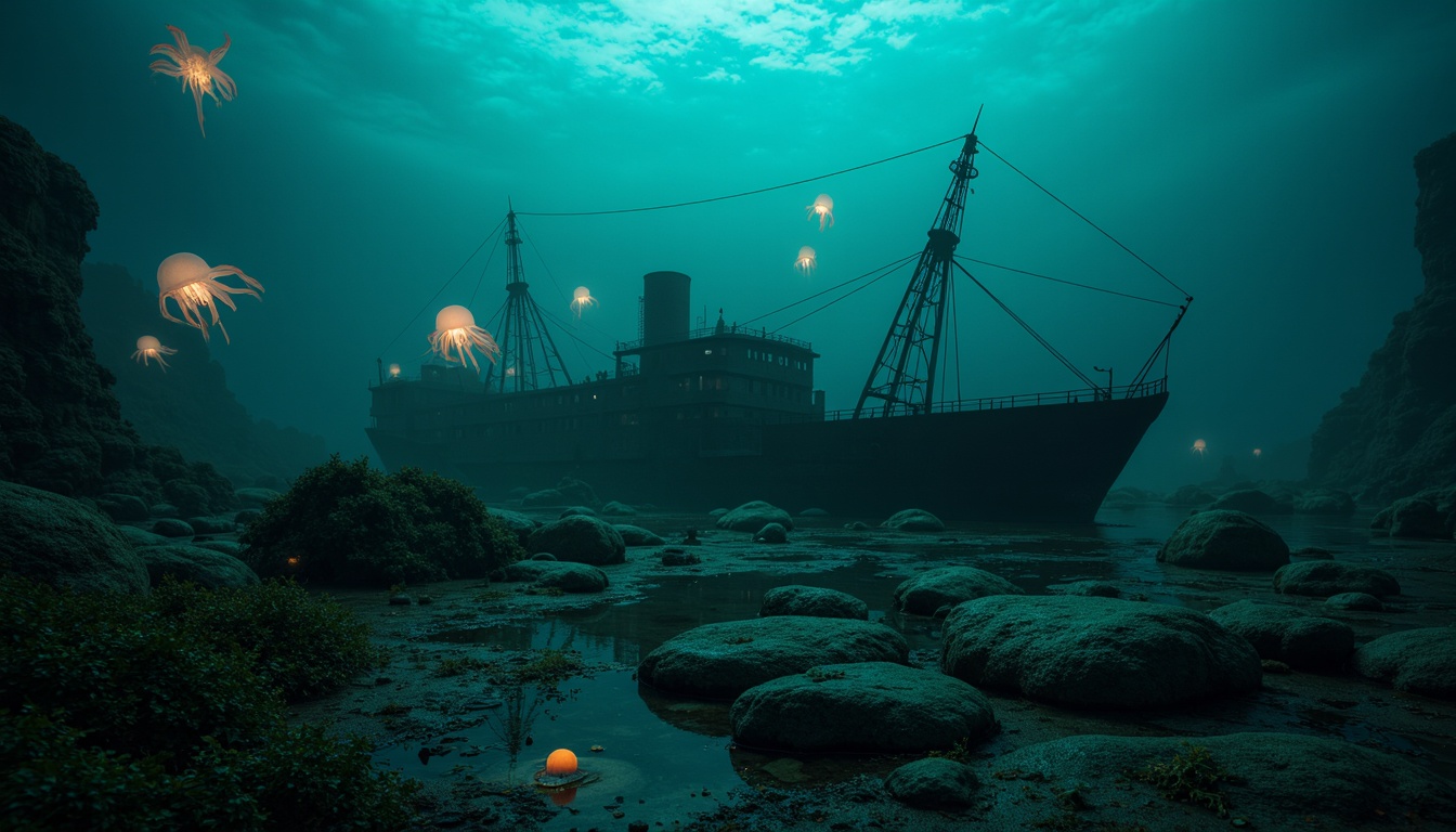 Prompt: Mysterious underwater scene, dark cyan hues, eerie bioluminescent creatures, glowing jellyfish, abandoned shipwreck, rusty metal debris, seaweed-covered rocks, misty ocean atmosphere, soft blue-green lighting, shallow depth of field, 1/2 composition, cinematic mood, realistic water textures, subtle ambient occlusion.