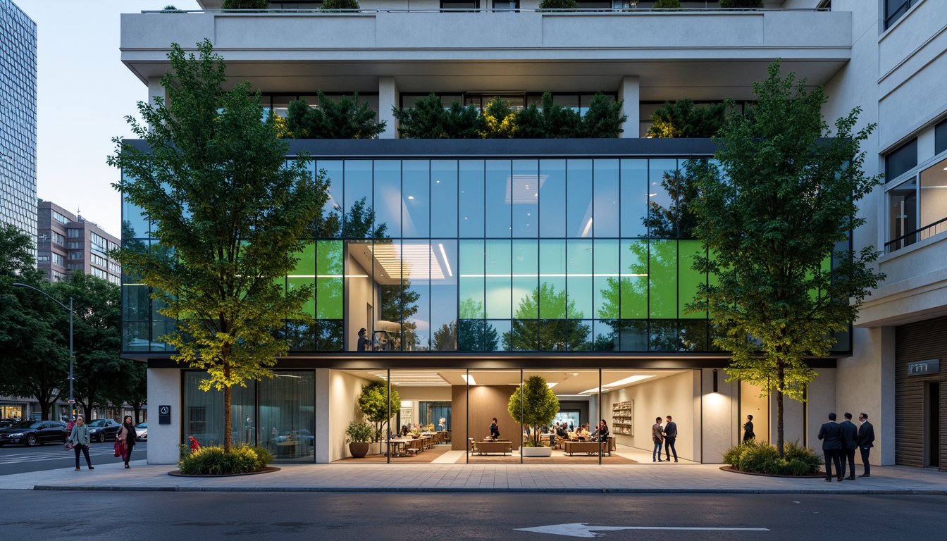 Prompt: Modern dental clinic facade, sleek glass surfaces, minimalist metal frames, vibrant LED lighting, calming green walls, natural stone accents, geometric patterns, futuristic architecture, urban cityscape, busy street scene, morning sunlight, shallow depth of field, 1/1 composition, realistic textures, ambient occlusion.