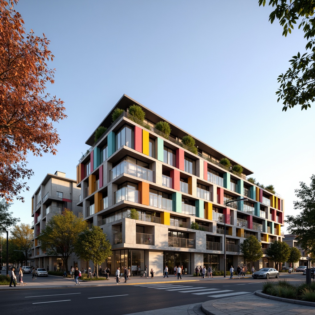 Prompt: Vibrant community center, eclectic facade articulation, fusion of modern and traditional styles, bold color blocking, dynamic geometric patterns, large windows, natural stone cladding, metallic accents, cantilevered rooflines, bustling street scene, urban landscape, morning sunlight, soft warm lighting, shallow depth of field, 3/4 composition, realistic textures, ambient occlusion.