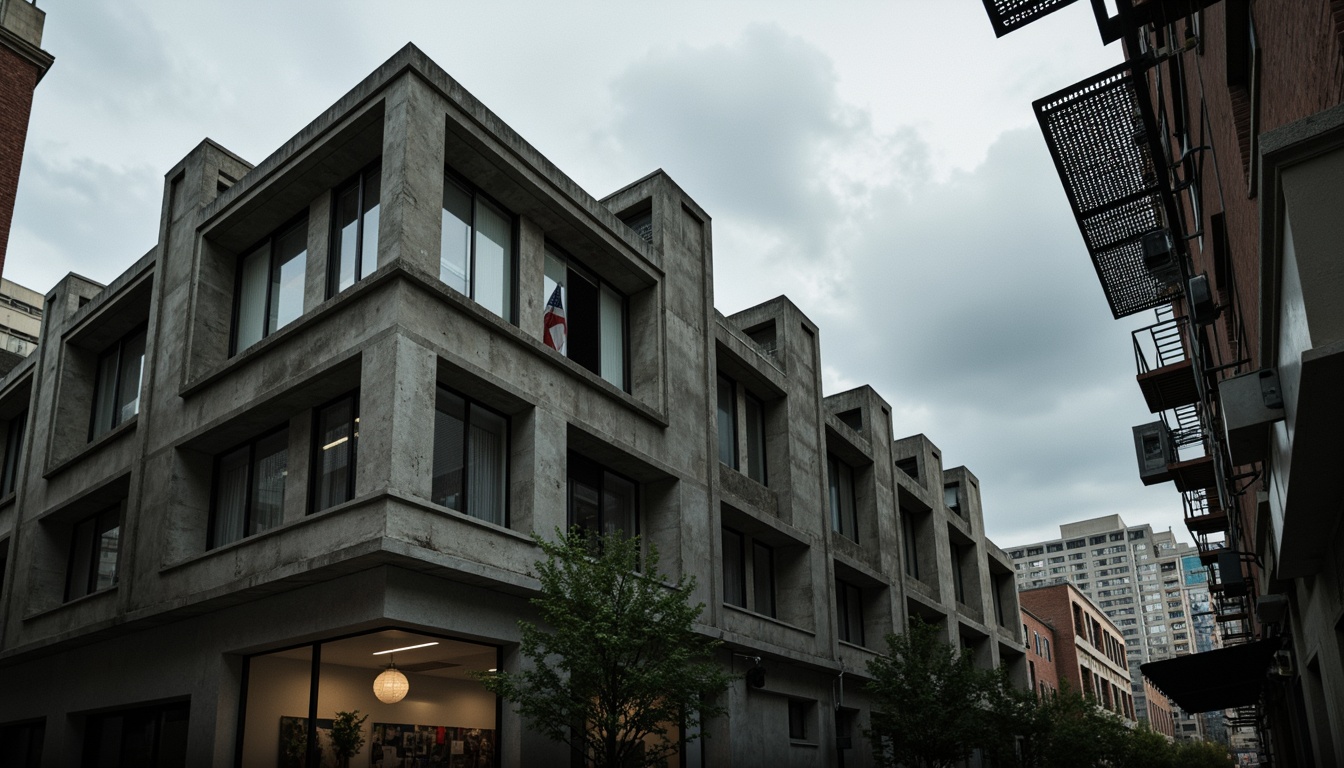 Prompt: Rugged high school building, brutalist architecture, raw concrete walls, fortress-like structure, industrial metal beams, exposed ductwork, angular lines, bold geometric shapes, urban cityscape, gloomy overcast sky, dramatic shadows, high-contrast lighting, shallow depth of field, 1/2 composition, gritty textures, ambient occlusion, distressed finishes, weathered steel accents, utilitarian aesthetics, functional minimalism.