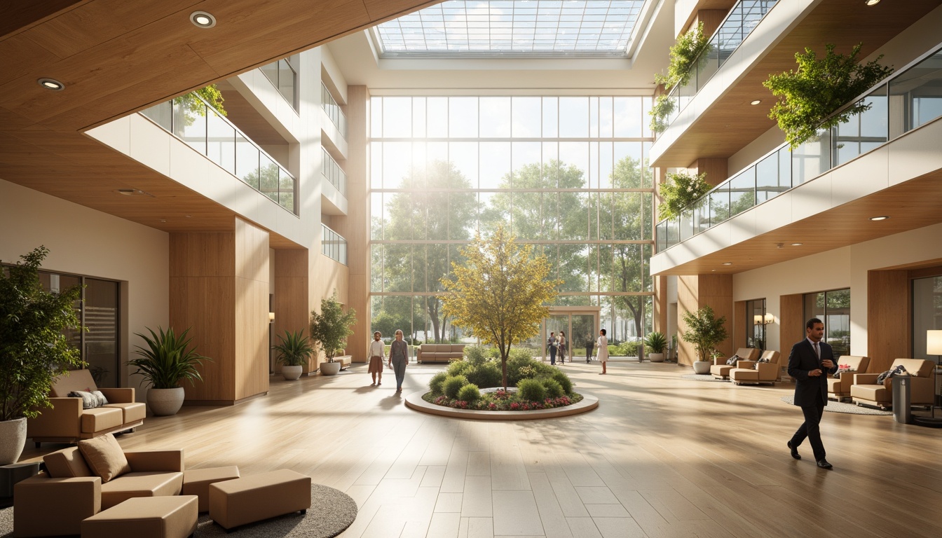 Prompt: Spacious hospital lobby, high ceilings, clerestory windows, natural light pouring in, warm beige walls, polished wooden floors, comfortable seating areas, greenery installations, calming water features, modern medical equipment, gentle color schemes, soft diffused lighting, shallow depth of field, 1/1 composition, serene atmosphere, realistic textures, ambient occlusion.