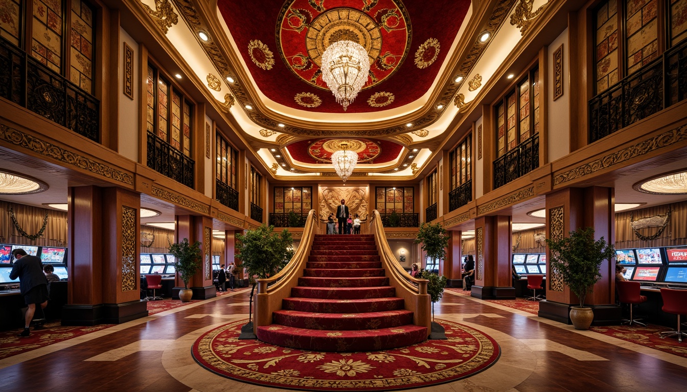 Prompt: Luxurious casino interior, ornate Art Nouveau patterns, curved lines, flowing organic shapes, lavish decorations, grand chandeliers, intricate moldings, rich velvet fabrics, exotic wood accents, polished marble floors, dramatic staircase, ornamental metalwork, vibrant jewel-toned colors, soft warm lighting, shallow depth of field, 1/1 composition, realistic textures, ambient occlusion.