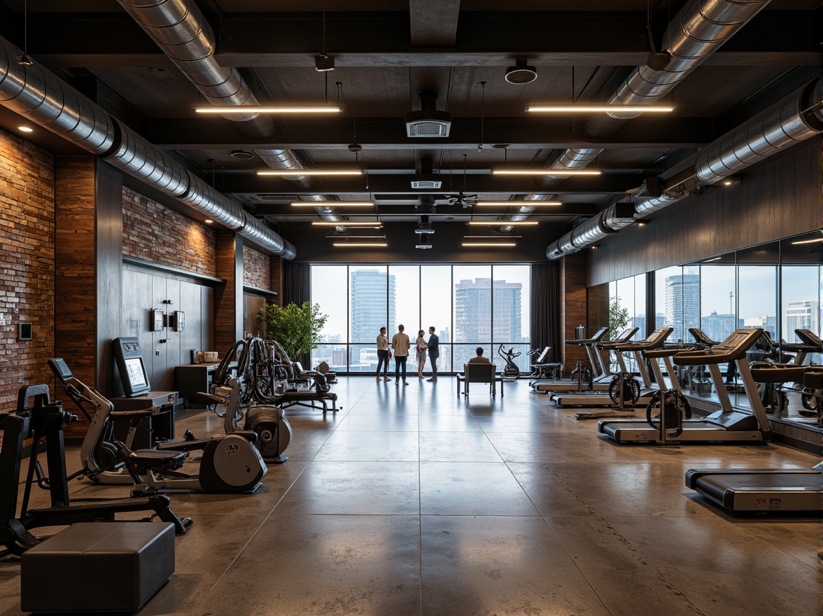 Prompt: Industrial-chic fitness club, exposed ductwork, polished concrete floors, steel beams, minimalist lighting, reclaimed wood accents, metallic equipment, sleek mirrored walls, avant-garde architecture, brutalist design elements, raw unfinished textures, urban cityscape views, modern skyscraper backdrop, high-contrast dramatic lighting, shallow depth of field, 2/3 composition, realistic reflections, ambient occlusion.