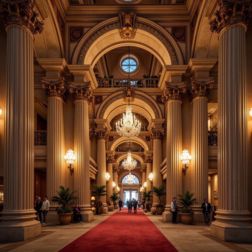 Prompt: Grandiose casino facade, ornate Corinthian columns, intricately carved stonework, lavish golden details, majestic archways, symmetrical composition, grand entrance, red carpet, crystal chandeliers, opulent interior design, luxurious textures, warm ambient lighting, shallow depth of field, 1/1 composition, realistic reflections, detailed architectural ornaments, subtle gradient maps.