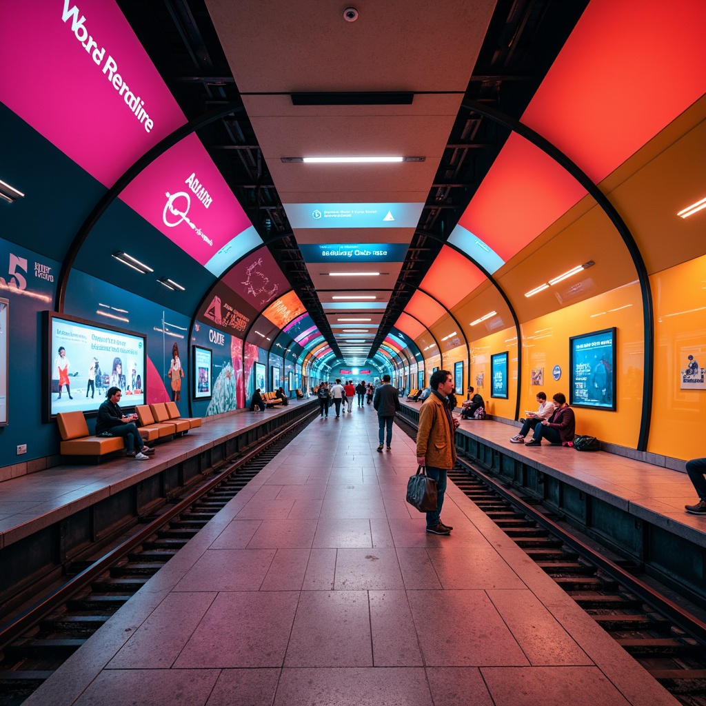 Prompt: Vibrant underground metro station, bold primary colors, bright accent lighting, sleek modern architecture, futuristic curves, polished steel surfaces, dynamic signage, intuitive wayfinding systems, spacious platforms, comfortable seating areas, urban cityscape views, rush hour crowds, morning commute atmosphere, warm soft lighting, shallow depth of field, 1/1 composition, realistic textures, ambient occlusion.