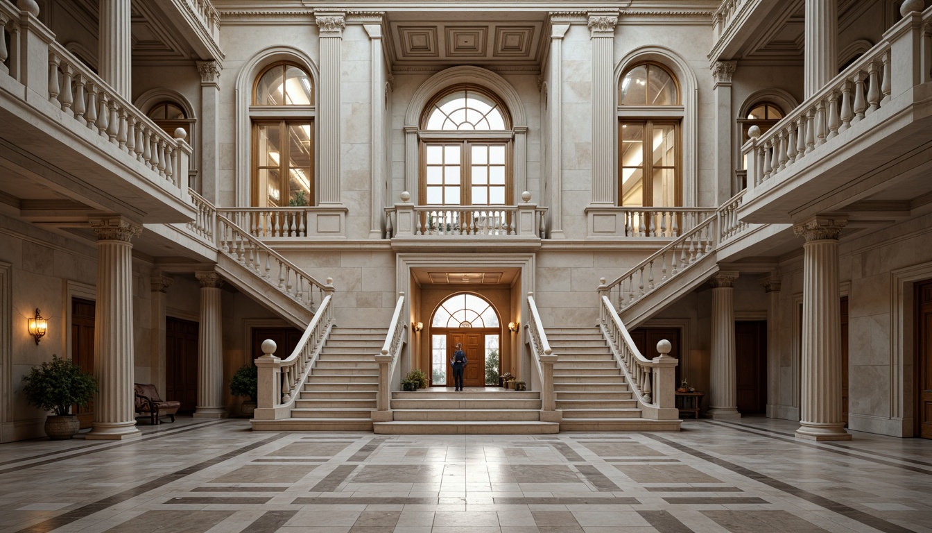 Prompt: Grand courthouse building, neoclassical facade, symmetrical composition, ornate columns, carved stone details, grand entrance archways, sweeping staircases, elegant balconies, intricately patterned railings, polished marble floors, high ceilings, large windows, natural light, formal interior spaces, dignified atmosphere, subtle color palette, muted textures, realistic reflections, shallow depth of field, 1/1 composition, frontal view, contextual environment.