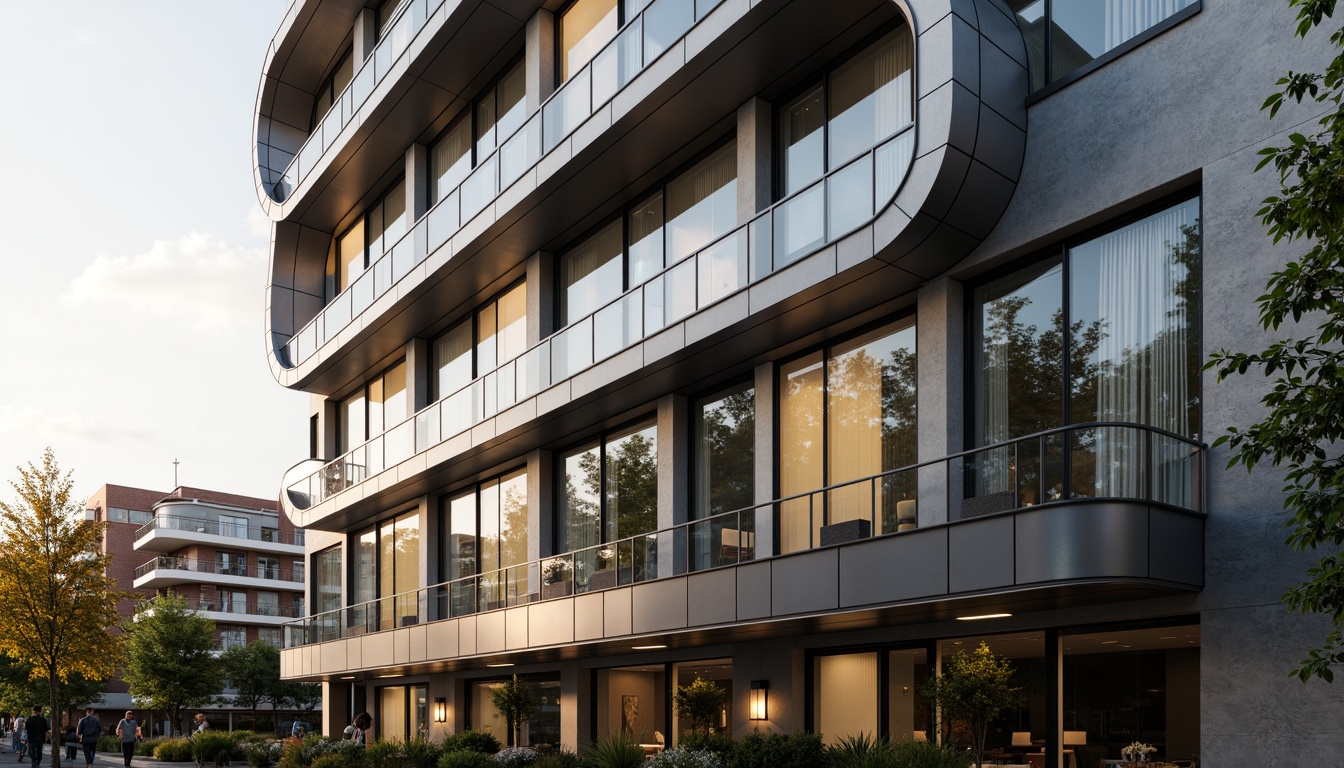 Prompt: Curved building facade, Art Deco inspirations, metallic materials, chrome accents, horizontal lines, rounded corners, minimalist ornamentation, large windows, sliding glass doors, balconies with metal railings, urban cityscape, morning sunlight, soft warm lighting, shallow depth of field, 3/4 composition, panoramic view, realistic textures, ambient occlusion.