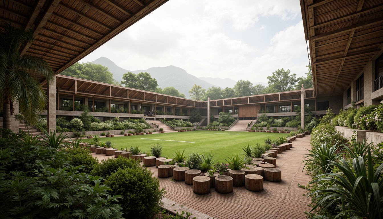 Prompt: Organic stadium design, natural stone fa\u00e7ade, wooden roof structure, green roofs, living walls, bamboo flooring, reclaimed wood seating, earthy tone color scheme, lush vegetation, tropical plants, misty atmosphere, warm sunlight filtering, soft shadows, shallow depth of field, 1/2 composition, realistic textures, ambient occlusion, natural ventilation systems, eco-friendly materials, sustainable building practices.