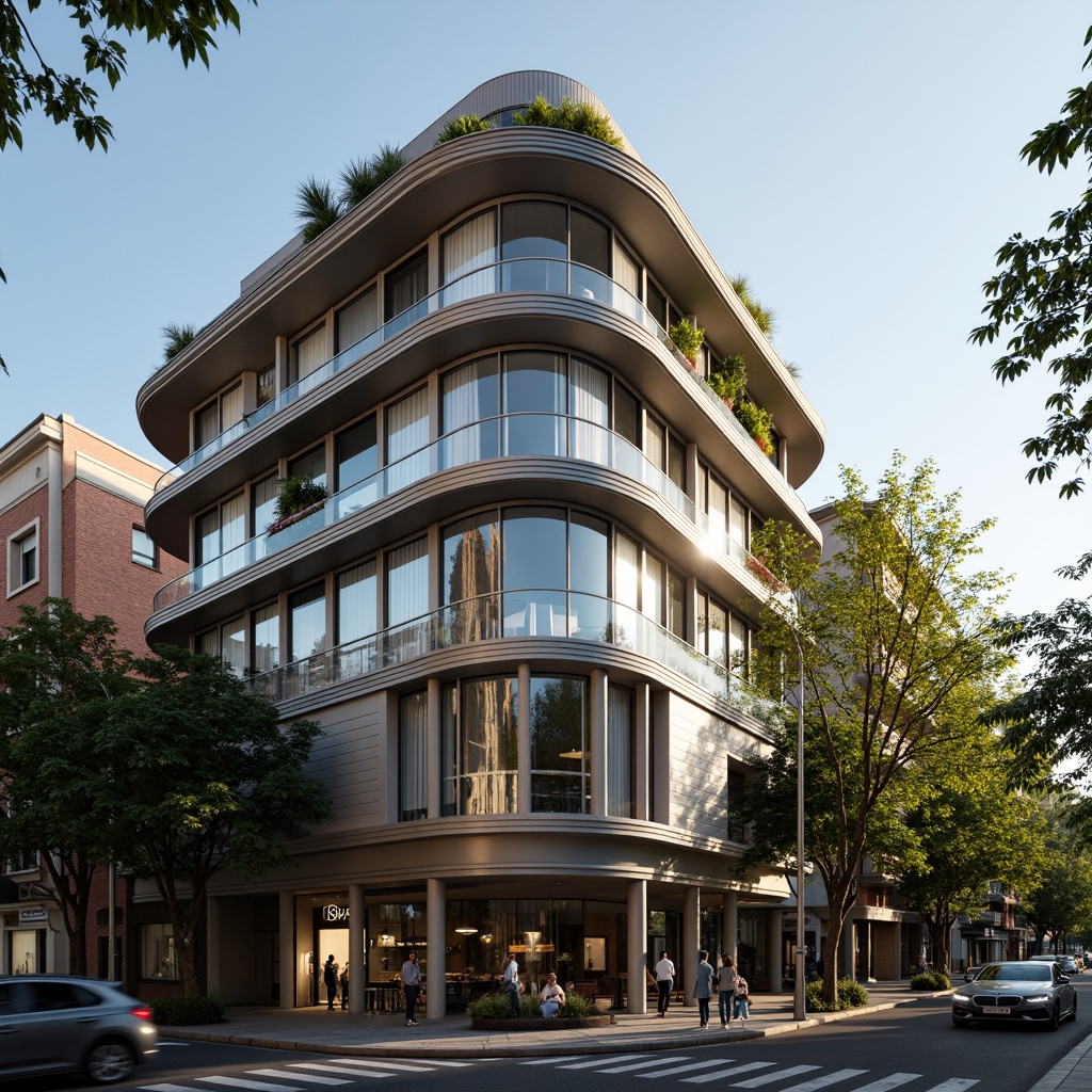 Prompt: Curved building facade, Art Deco inspirations, metallic materials, chrome accents, horizontal lines, rounded corners, minimalist ornamentation, large windows, sliding glass doors, balconies with metal railings, urban cityscape, morning sunlight, soft warm lighting, shallow depth of field, 3/4 composition, panoramic view, realistic textures, ambient occlusion.