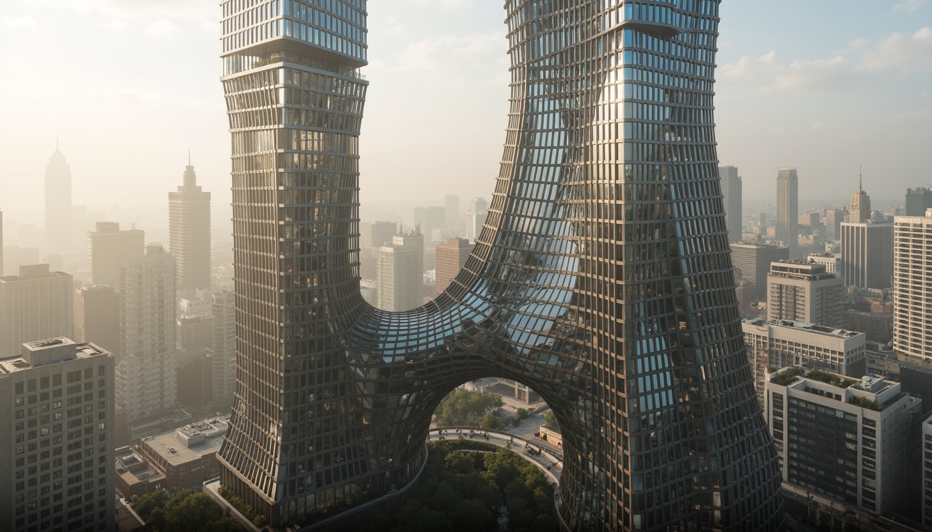 Prompt: Undulating skyscraper, curvaceous lines, bulbous protrusions, iridescent glazing, translucent canopies, organic shapes, fluid architecture, biomimetic design, futuristic cityscape, misty atmosphere, soft warm lighting, shallow depth of field, 1/1 composition, panoramic view, realistic textures, ambient occlusion, lush green roofs, living walls, natural ventilation systems, sustainable building materials, innovative structural systems.