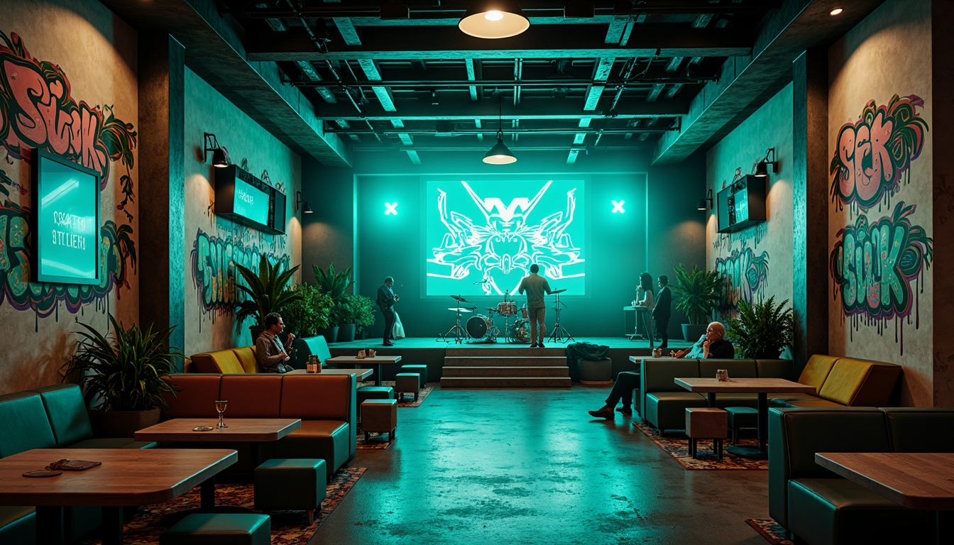 Prompt: Vibrant teal accents, neon lights, dynamic stage design, eclectic music instruments, graffiti walls, industrial metal beams, polished concrete floors, trendy lounge seating, retro-futuristic decor, edgy urban atmosphere, moody dim lighting, shallow depth of field, 1/1 composition, cinematic view, realistic textures, ambient occlusion.