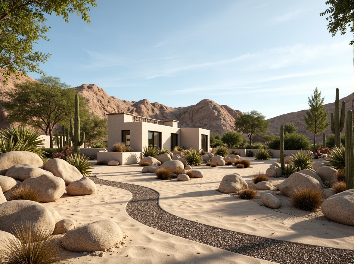 Prompt: Arid desert landscape, cactus plants, sandy dunes, rocky outcrops, succulent gardens, drought-tolerant flora, xeriscaping, gravel pathways, ornamental boulders, minimalist water features, oases, palm trees, adobe architecture, earthy tones, warm sunny day, high contrast lighting, shallow depth of field, 1/1 composition, realistic textures, ambient occlusion.