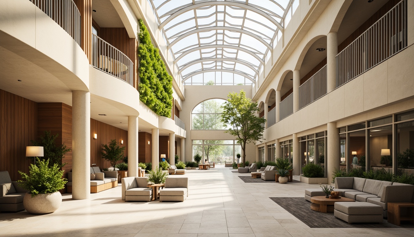 Prompt: Spacious hospital lobby, high ceilings, clerestory windows, natural light pouring in, warm beige tones, polished stone floors, wooden accents, lush greenery, living walls, calming ambiance, soft diffused lighting, shallow depth of field, 1/1 composition, realistic textures, ambient occlusion, gentle color palette, soothing atmosphere, comfortable seating areas, minimal ornamentation, functional simplicity, modern architecture, subtle curves, organic shapes.