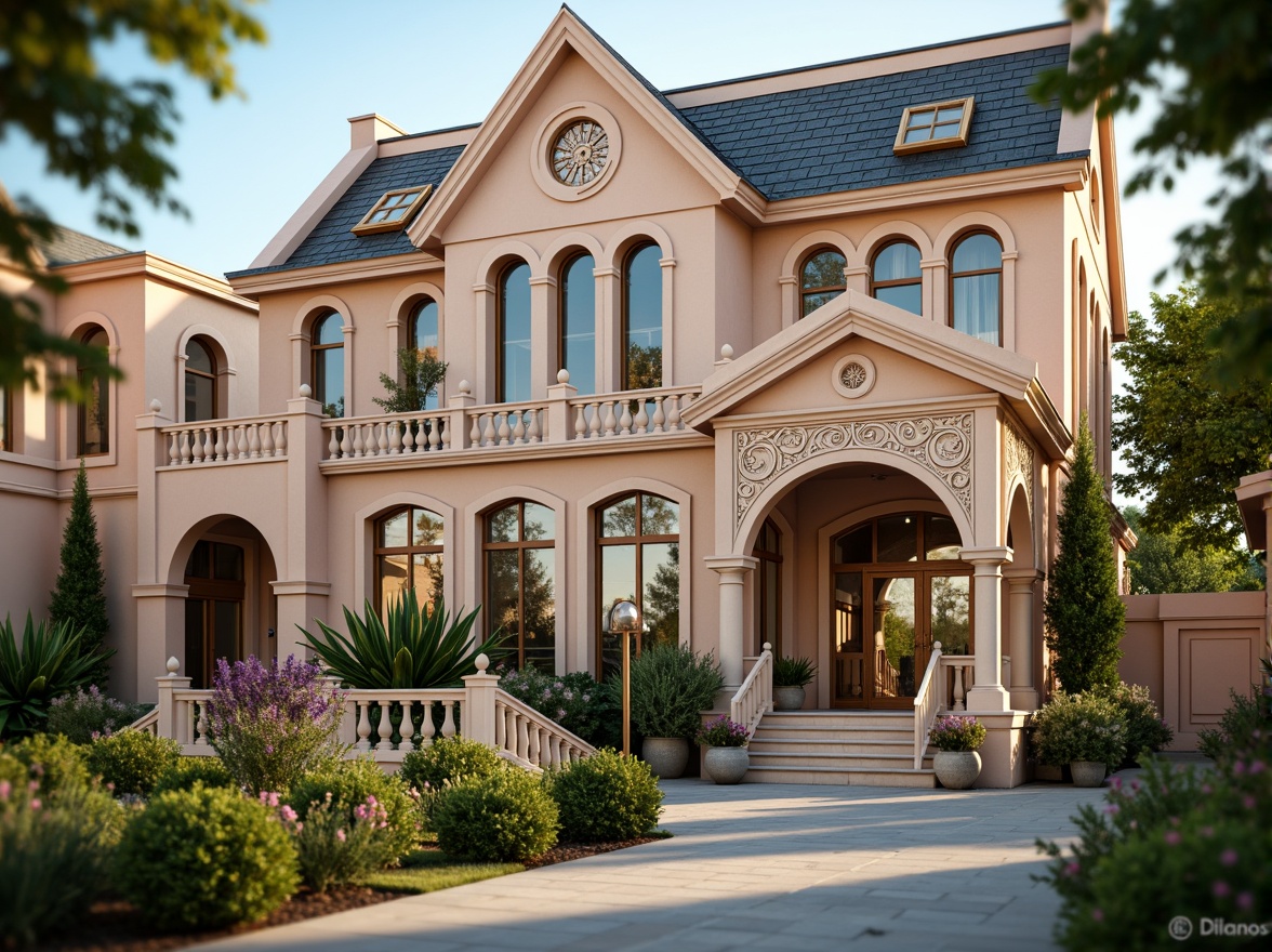 Prompt: Whimsical clinic facade, ornate Victorian details, soft pastel colors, delicate filigree patterns, grand entrance archways, elegant columns, intricate stonework, lush greenery, blooming flowers, natural stone walls, stained glass windows, warm golden lighting, shallow depth of field, 1/2 composition, romantic atmosphere, realistic textures, ambient occlusion.