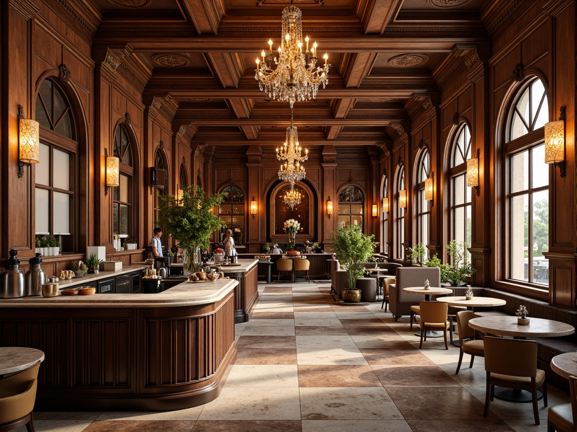 Prompt: Elegant coffee shop interior, rich wood tones, polished marble countertops, ornate gold accents, velvet upholstery, intricate moldings, high ceilings, grand chandeliers, soft warm lighting, natural stone flooring, luxurious fabrics, refined metalwork, subtle patterns, sophisticated color palette, classic proportions, symmetrical composition, shallow depth of field, 1/1 aspect ratio, realistic textures, ambient occlusion.