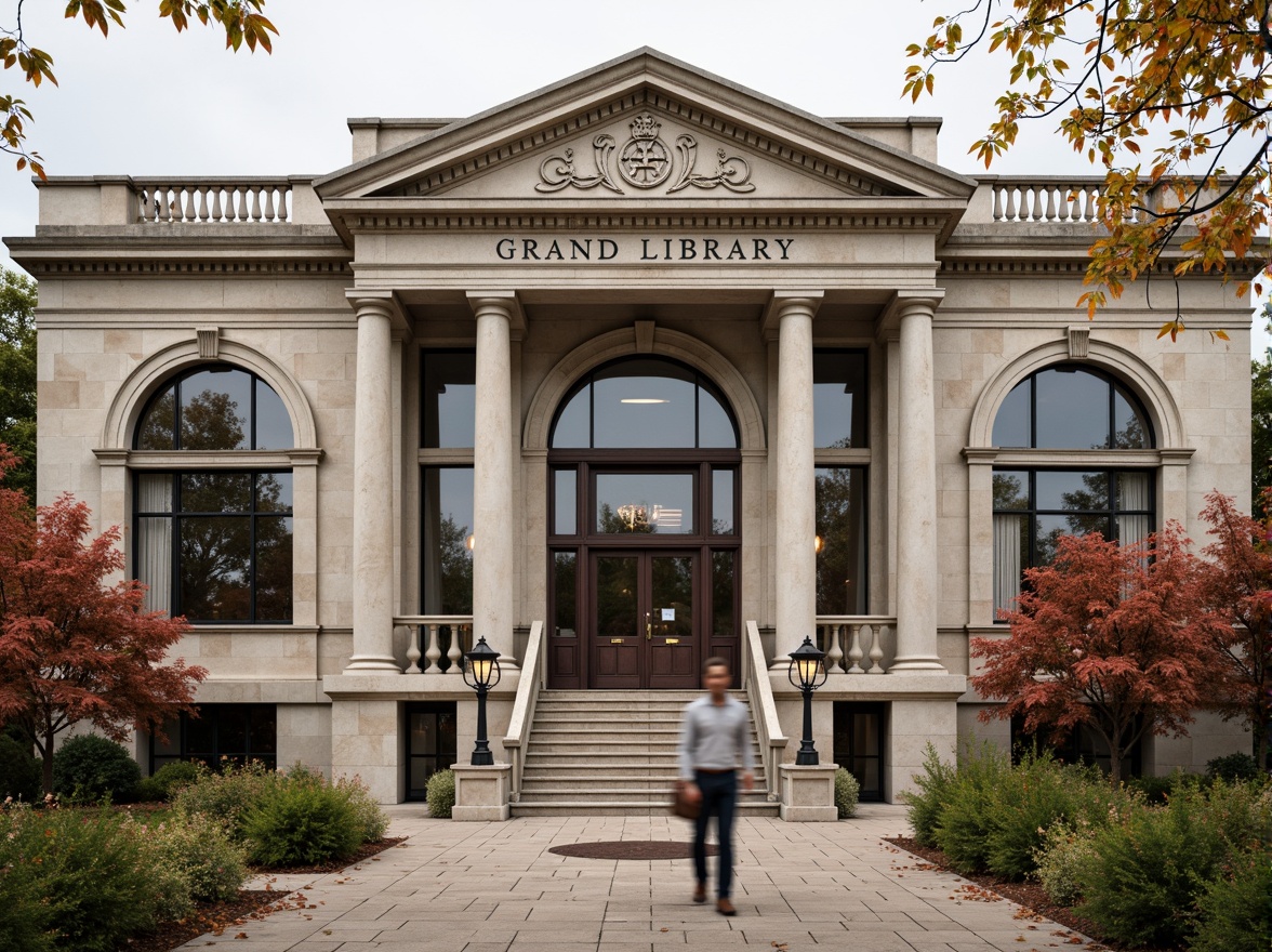 Prompt: Grand library facade, neoclassical architecture, ornate details, Corinthian columns, arched windows, rusticated base, symmetrical composition, travertine stone cladding, aged bronze door handles, lantern-style streetlights, manicured gardens, walking paths, autumn foliage, overcast sky, soft diffused lighting, shallow depth of field, 2/3 composition, realistic textures, ambient occlusion.