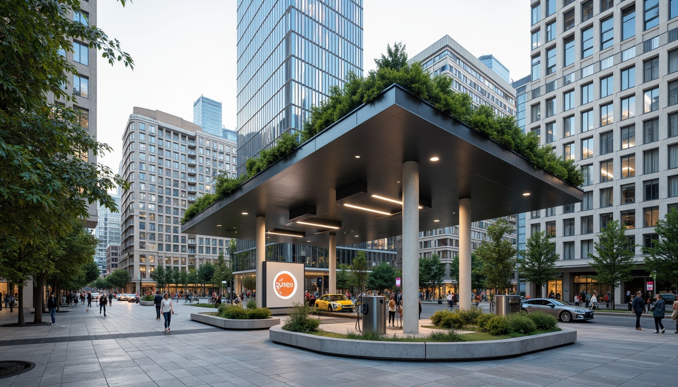 Prompt: Eco-friendly charging station, modernist architecture, sleek metal canopy, solar panels, green roofs, living walls, urban landscape, busy streets, electric vehicles, futuristic design, angular lines, minimalist aesthetic, LED lighting, neon accents, concrete floors, recycled materials, energy-efficient systems, rainwater harvesting, grey water reuse, natural ventilation, abundant daylight, shallow depth of field, 3/4 composition, panoramic view, realistic textures, ambient occlusion.