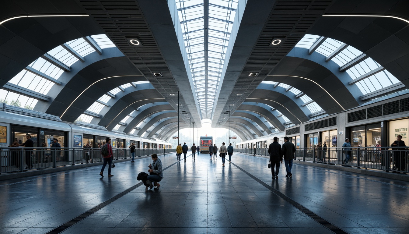 Prompt: Sleek transportation hubs, curved streamline architecture, modern metallic materials, polished chrome accents, futuristic LED lighting, dynamic fluid shapes, aerodynamic lines, high-speed rail networks, bustling urban centers, morning rush hour atmosphere, soft natural light, shallow depth of field, 1/2 composition, panoramic view, realistic reflections, ambient occlusion.